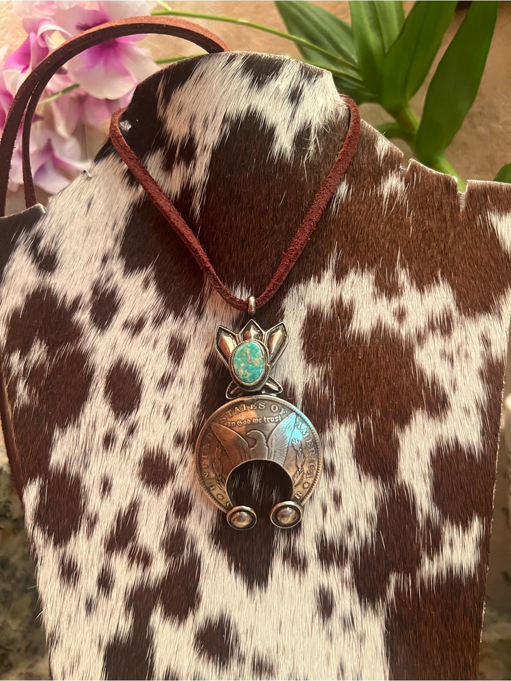 Joe Eby 1891 Morgan Silver Dollar Turquoise Naja Necklace set on Leather
